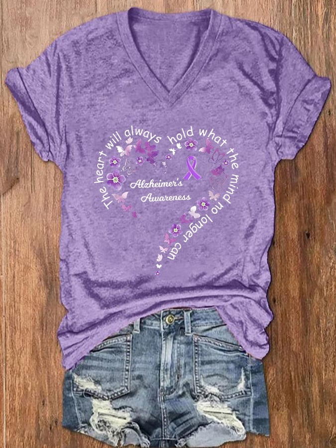 Women The Heart Will Always Hold What the Mind Can No Longer Printed V-Neck T-Shirt