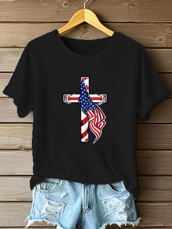 Women's Casual Faith Cross Flag T-shirt