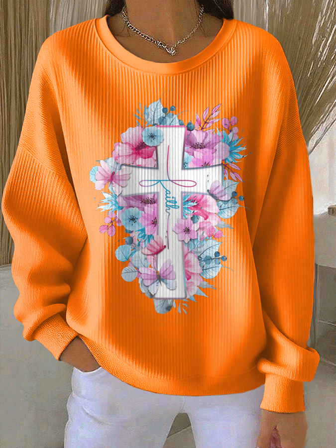 Women's Faith Print Knit Crew Neck Long Sleeve Top