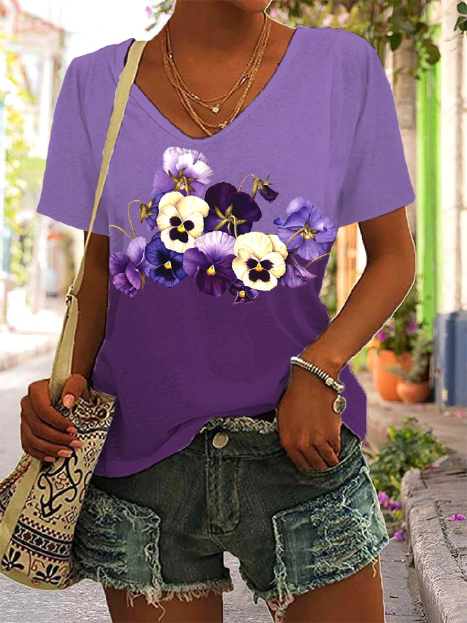 Women's Alzheimer's Purple Floral Print T-Shirt