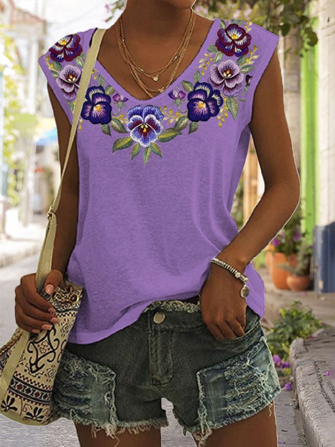 Women's Alzheimer's Purple Floral Print V-Neck Top