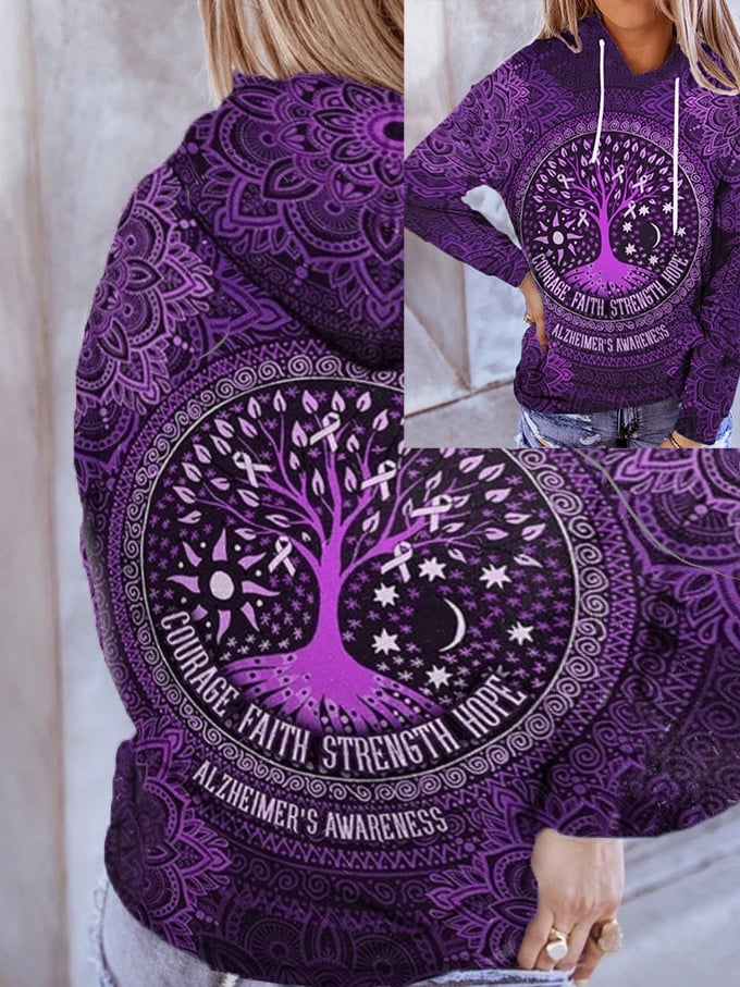 Women's Courage Faith Strengh Hope Tree of Life Dementia Alzheimer's Disease Awareness Printed Hooded Sweatshirt