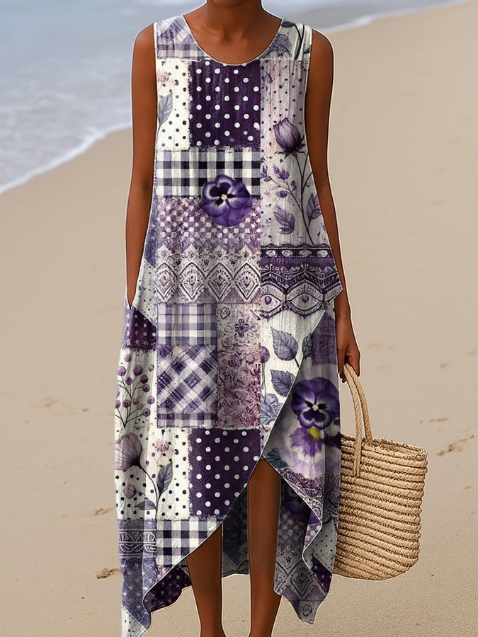 Women's Purple Retro Floral Polka Dot Plaid Mixed Print Irregular Hem Sleeveless Dress