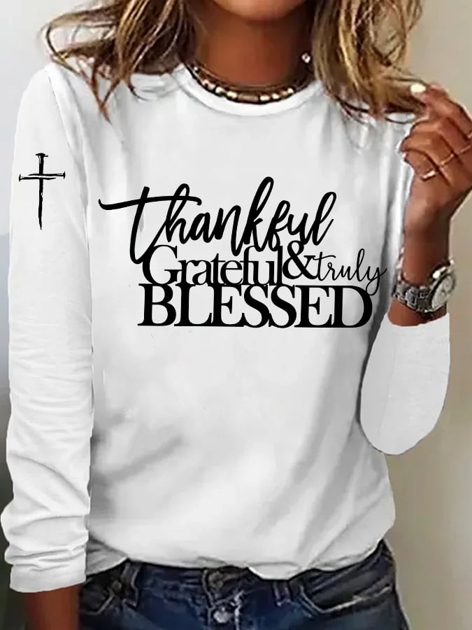 Women's casual retro Grateful Thankful Blessed long-sleeved T-shirt