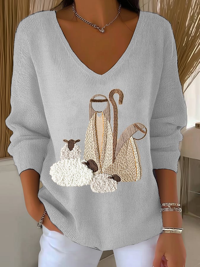 Women's Nativity Print V Neck Sweater