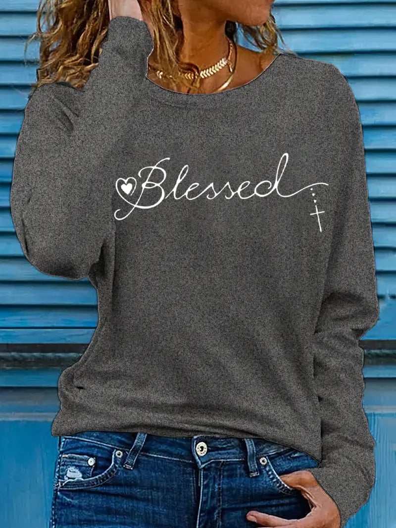 Women's Blessed Cross Jesus Printed Long Sleeve T-Shirt