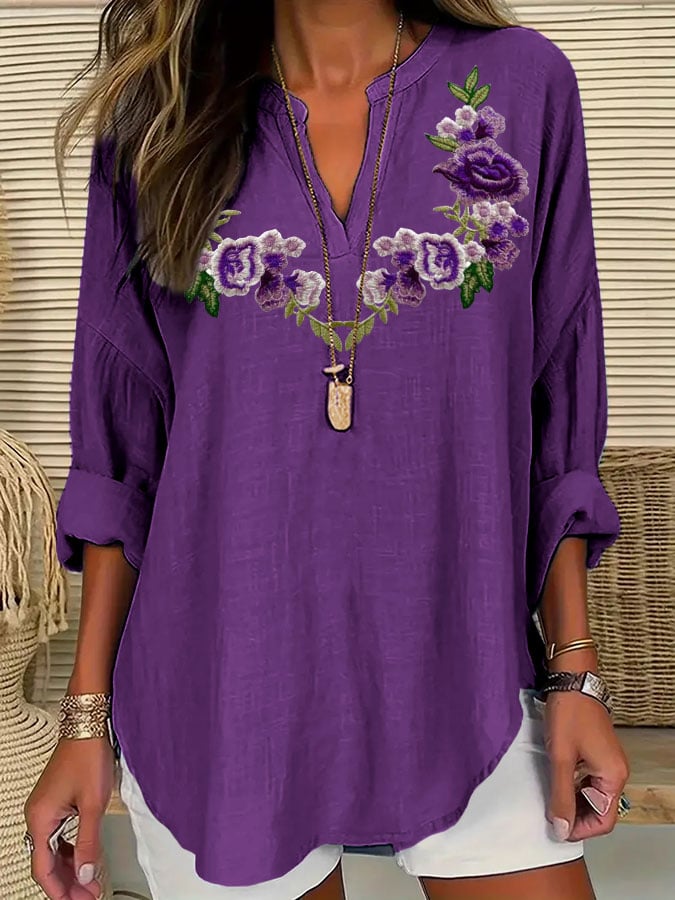 Women's Alzheimer's Awareness Purple Floral Cotton and Linen Shirt
