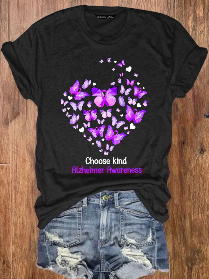 Women's Choose Kind Butterfly Alzheimer Awareness Dementia Alzheimer's Print T-Shirt