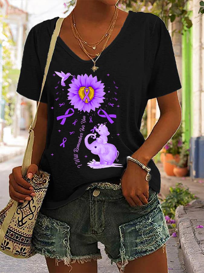 Women's I Will Remember For You Elephant Flower Alzheimers Awareness  Printed V-Neck T-Shirt