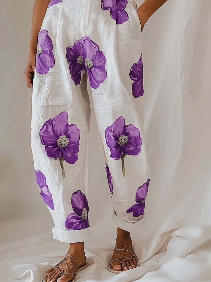 Women's Purple Flower Alzheimer's Awareness Print Casual Pants