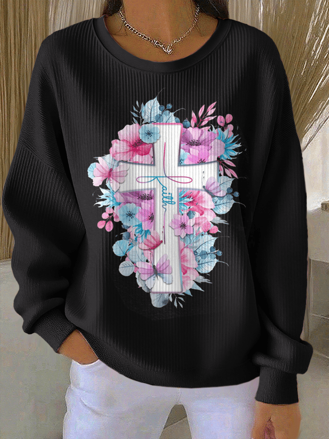 Women's Faith Print Knit Crew Neck Long Sleeve Top