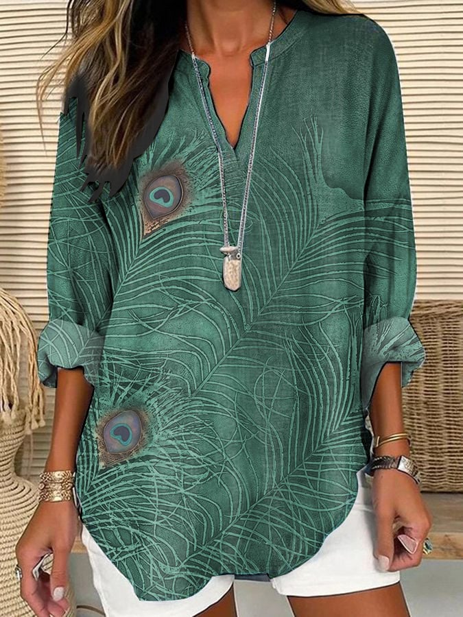 Women's purple art peacock feather cotton and linen shirt