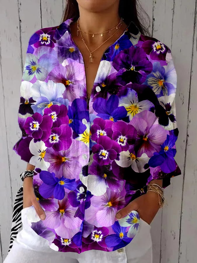 Women's Alzheimer's Floral Print Design Lapel Shirt