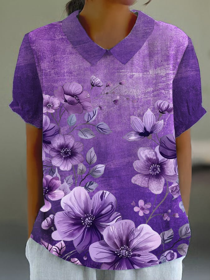 Women's Vintage Purple Floral Print Casual Lapel T-Shirt