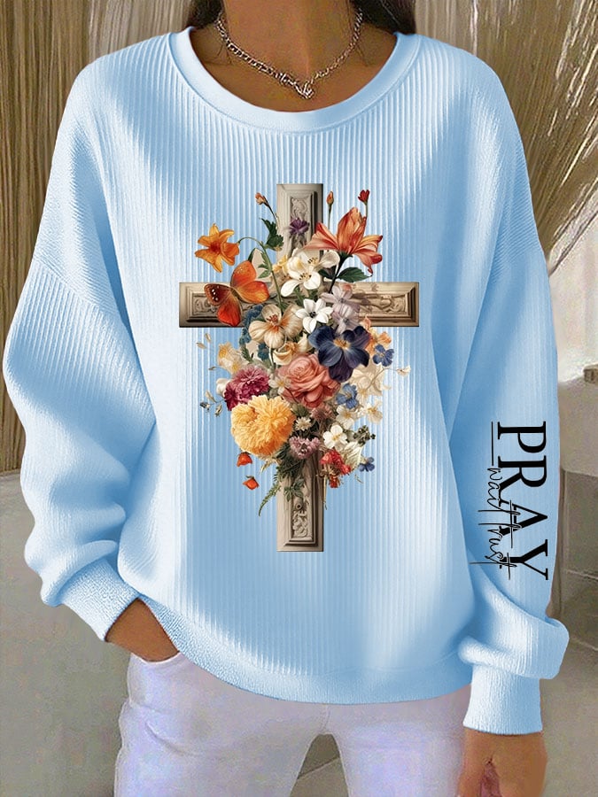 Women's Faith Cross Pray Wait Trust Printed Crew Neck Long Sleeve Top