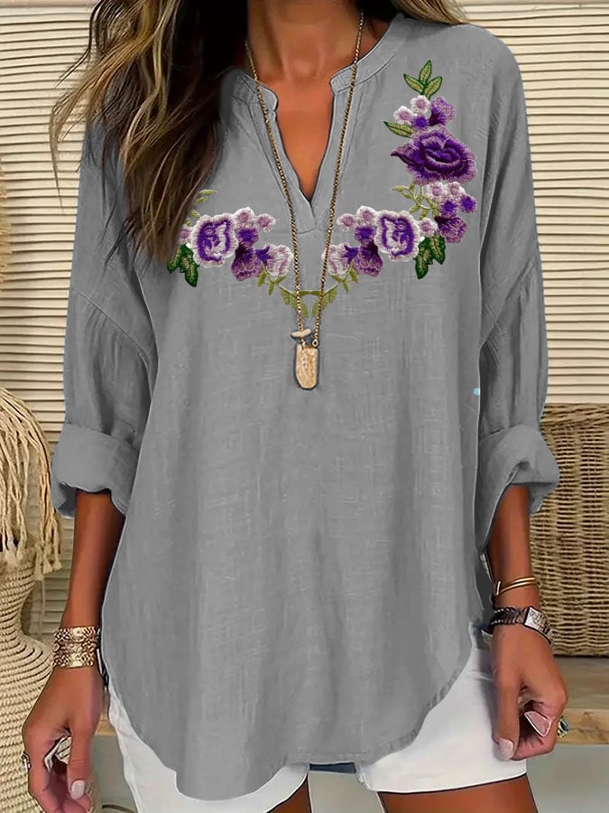 Women's Alzheimer's Awareness Purple Floral Cotton and Linen Shirt