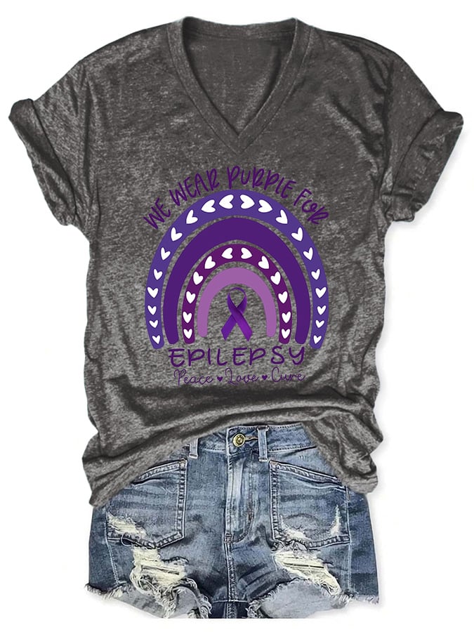 V-neck Epilepsy Awareness We Wear Purple For Epilepsy Peace Love Cure Print T-Shirt