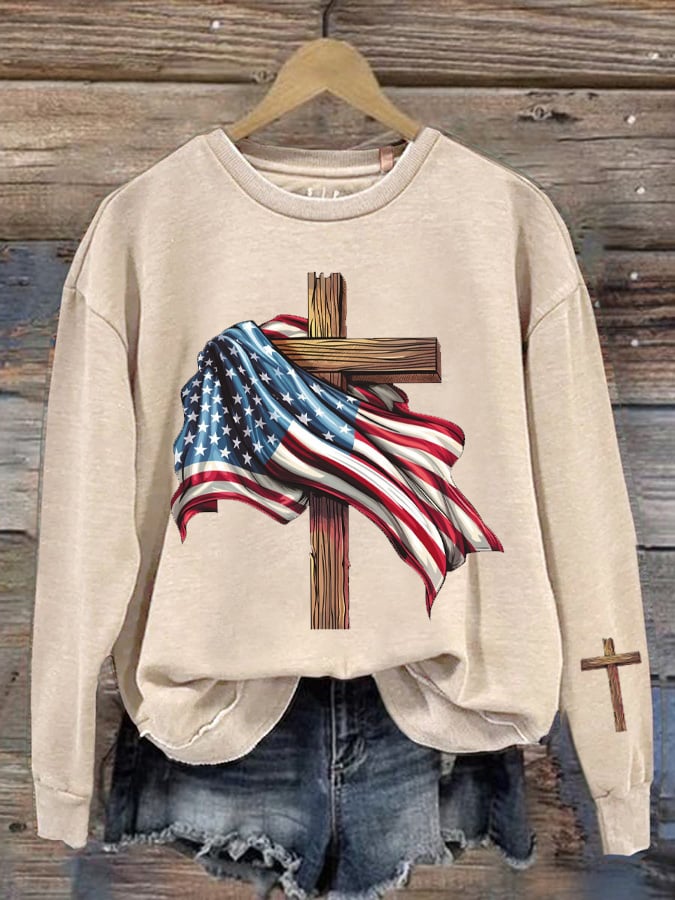 Women's American Flag Cross Patriotic Crew Neck Top