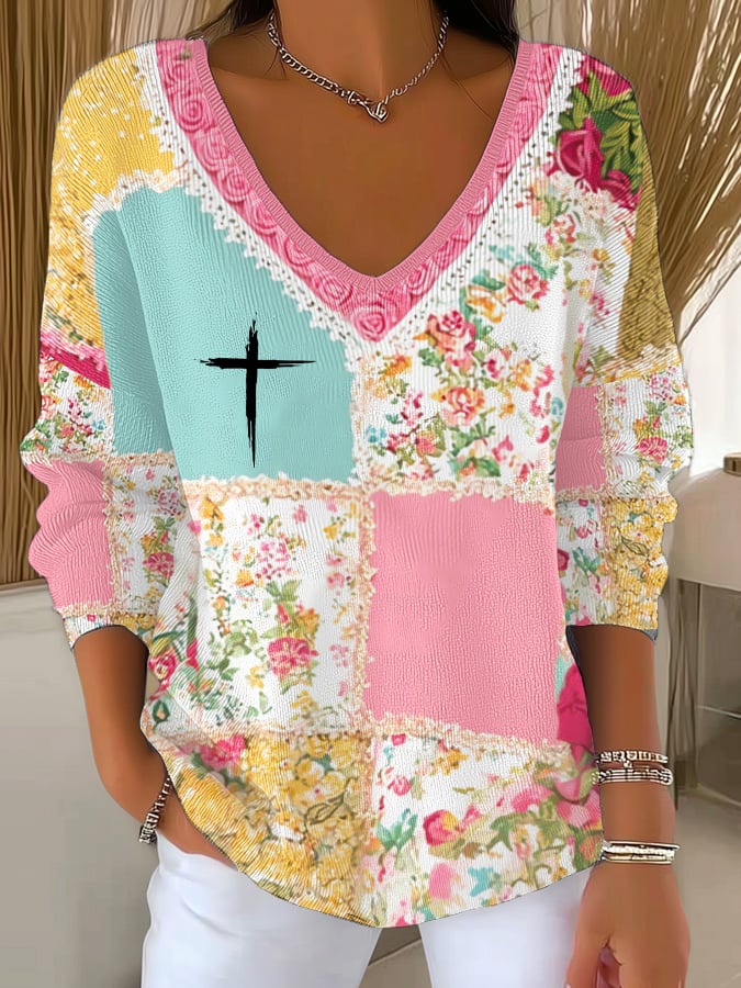 Women's Retro Pink Faith Print Drop Shoulder Sweater