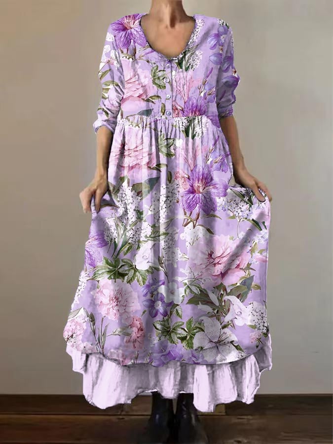 Women's Vintage Purple Floral Art Print Button Dress