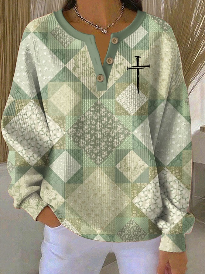 Women's Faith Print Knitted Crew Neck Long Sleeve Top