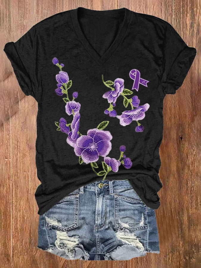 Women's Purple Alzheimer Awareness Flowers Print T-shirt