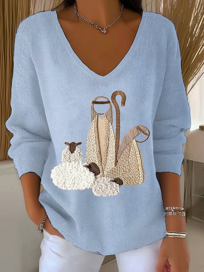 Women's Nativity Print V Neck Sweater