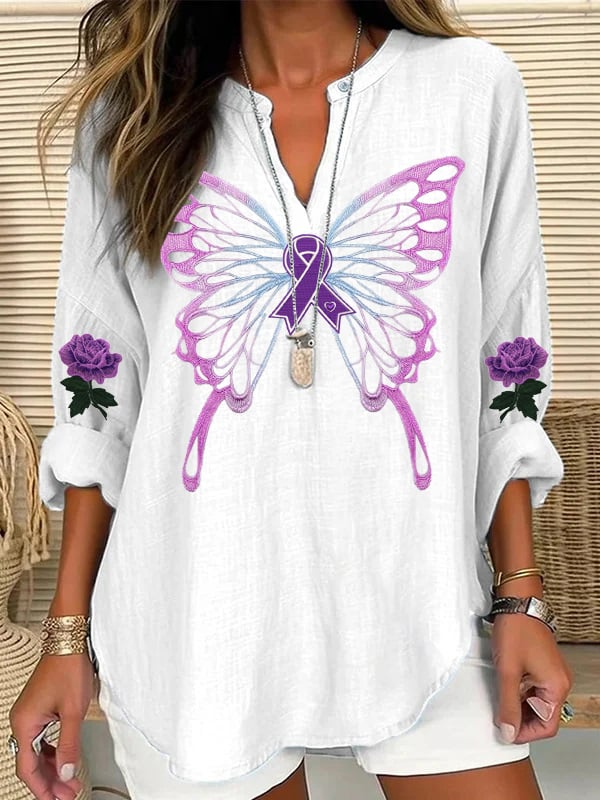 Women's Purple Alzheimer Awareness Butterfly Print Casual Linen Blouse