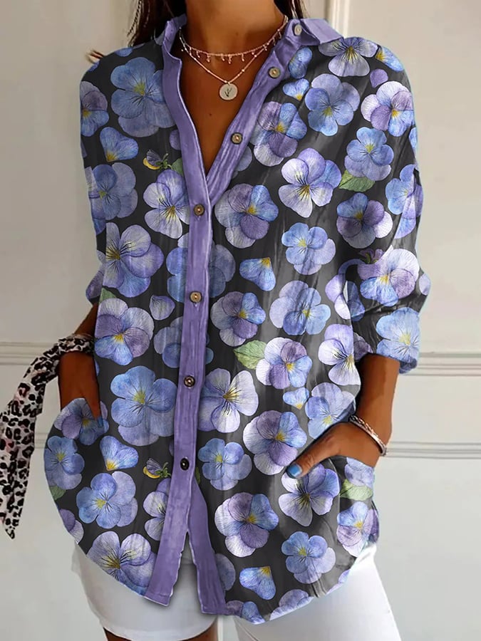 Women's Purple Floral Art Print Lapel Shirt
