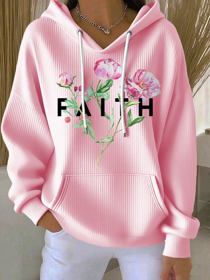 Women's Casual Floral Faith Textured Hoodie