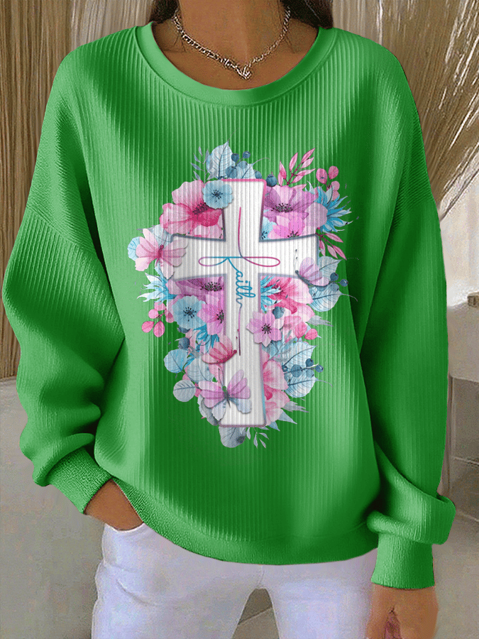 Women's Faith Print Knit Crew Neck Long Sleeve Top