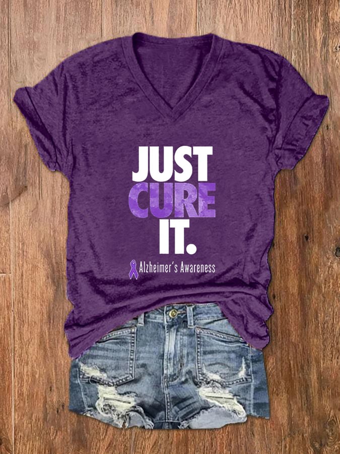 Women'sJust Cure ALZ Dementia Alzheimer's Awarenes Purple Ribbon Print O-Neck T-Shirt