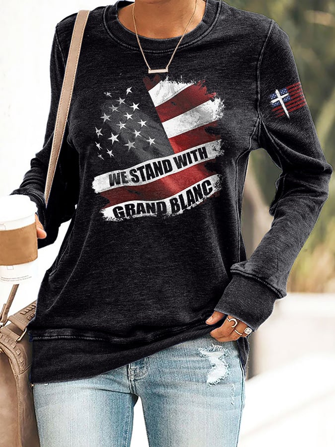 Retro We Stand With Grand Blanc Faith Cross Print Sweatshirt