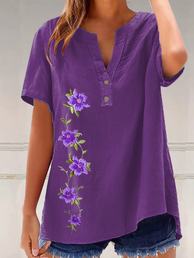 Women's Purple Flowers Print Short Sleeve Casual Shirt