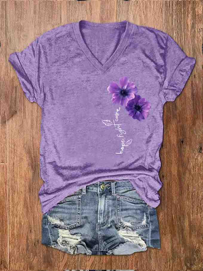 Women's Pansy Hope Fight Cure Dementia Alzheimer's Printed V-Neck T-Shirt