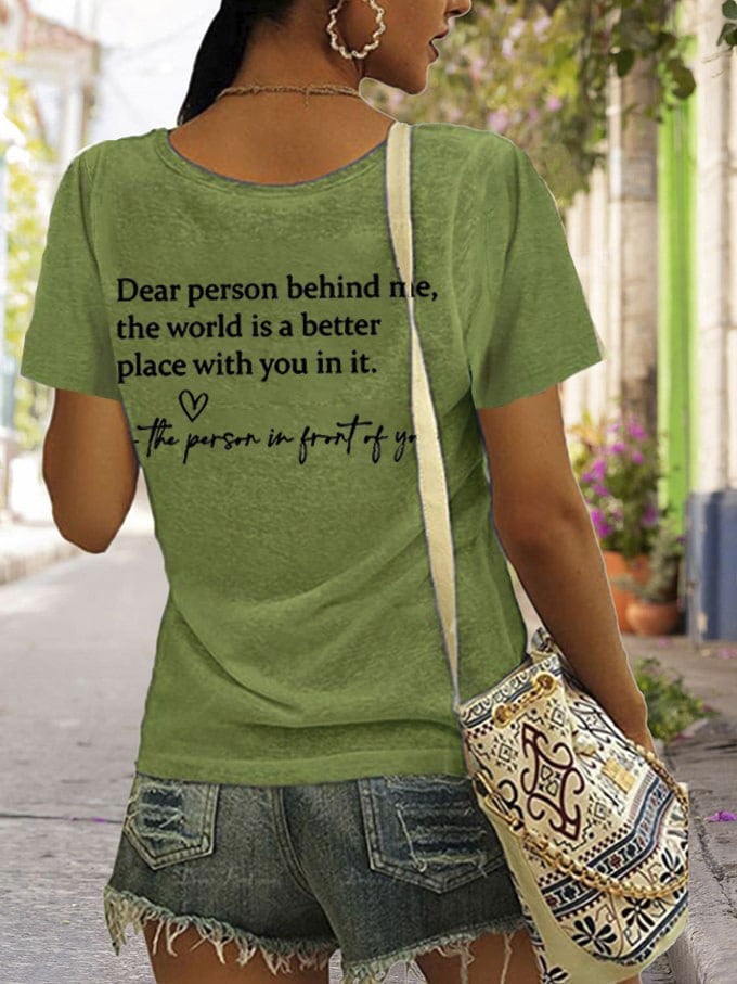 Women's Faith Dear Person Behind Me Cross Print V Neck T-Shirt