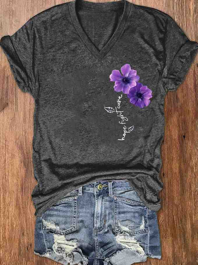 Women's Pansy Hope Fight Cure Dementia Alzheimer's Printed V-Neck T-Shirt