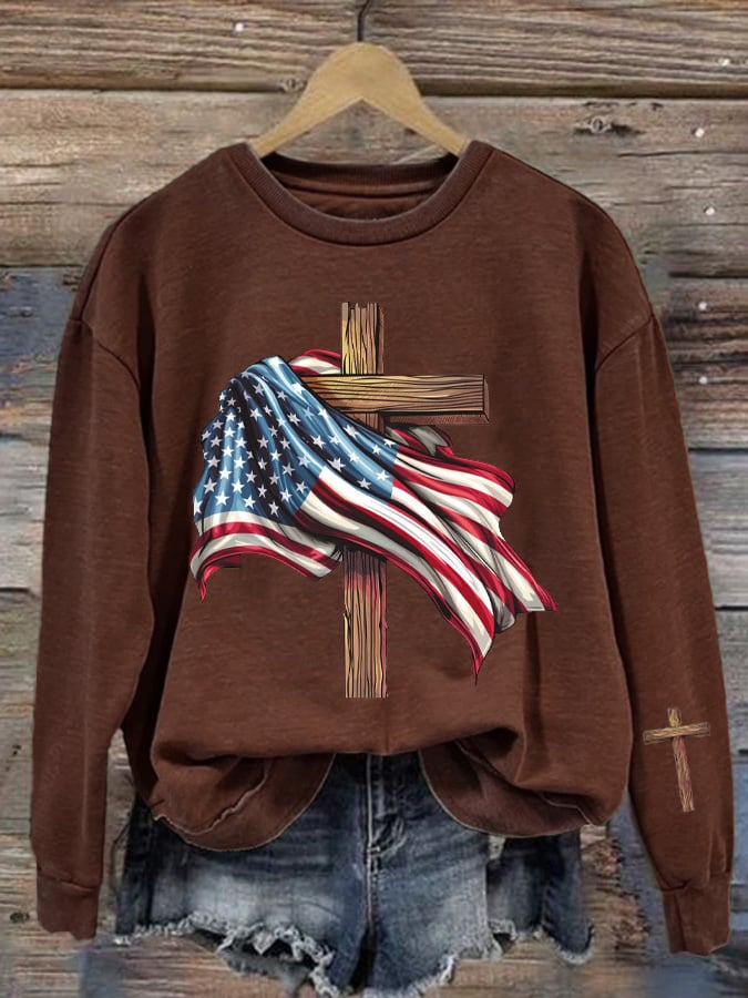 Women's American Flag Cross Patriotic Crew Neck Top
