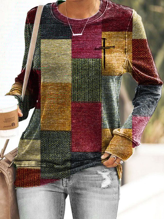 Women's Casual Autumn And Winter Retro Color Block Contrast Faith Sweatshirt