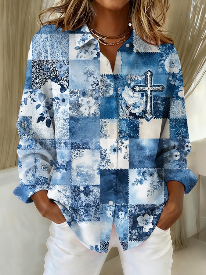 Women's Floral Faith Art Print Linen Top