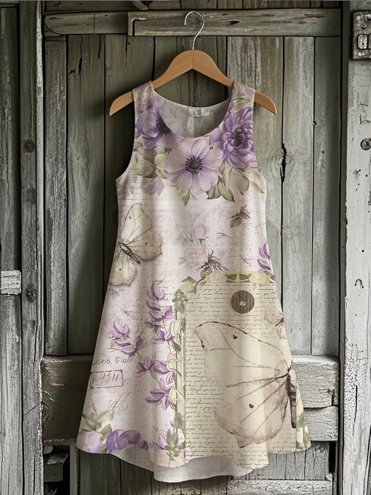 Women's Pastoral Retro Butterfly Floral Print Sleeveless Round Neck Dress