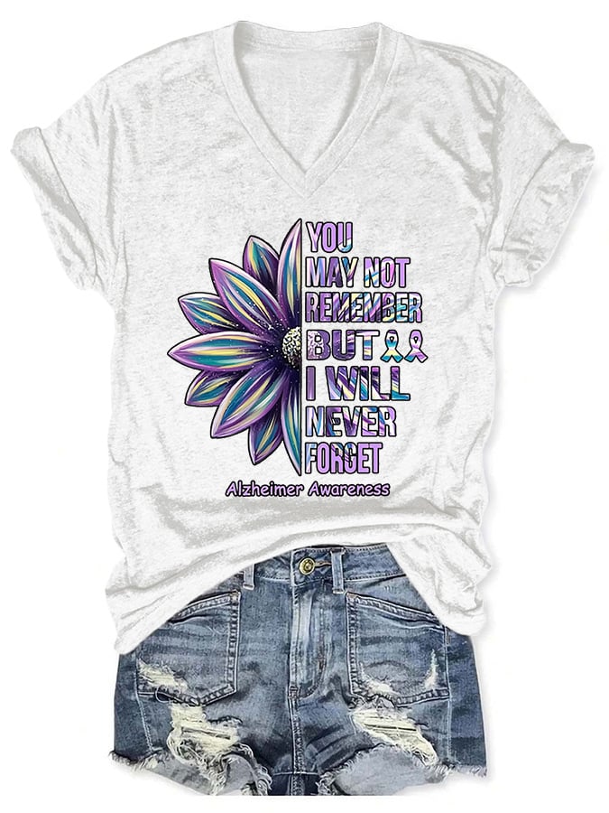 V-neck Retro Alzheimer's Awareness You May Not Remember But I Will Never Forget T-Shirt