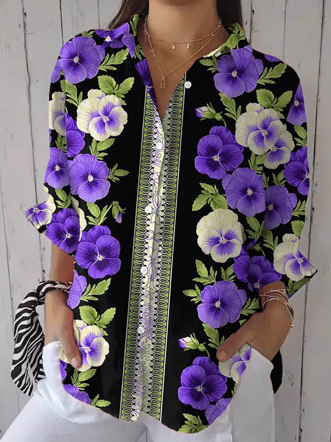 Women's Purple Art Floral Print Casual Lapel Shirt