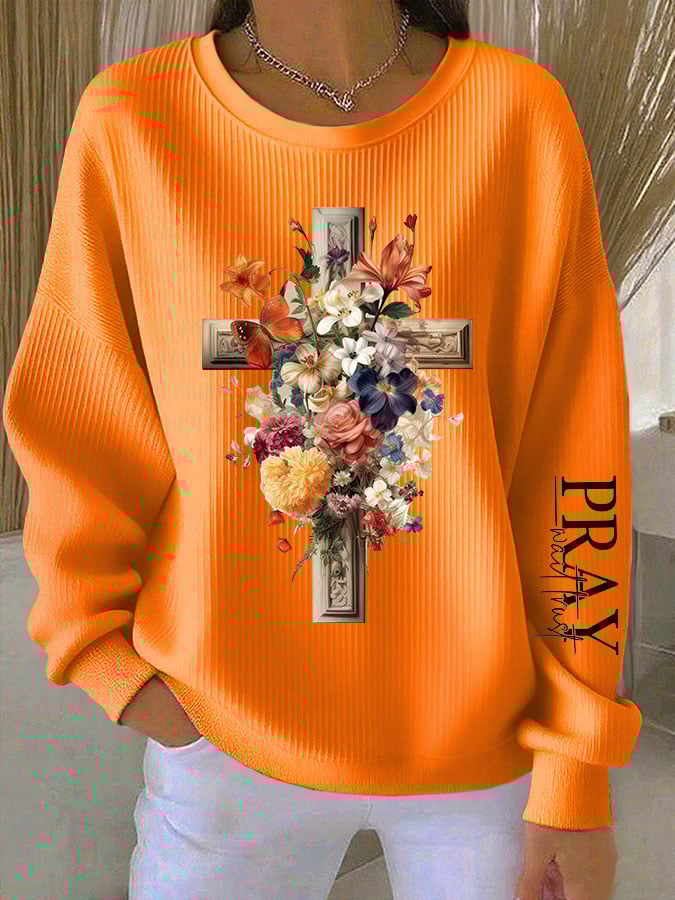 Women's Faith Cross Pray Wait Trust Printed Crew Neck Long Sleeve Top