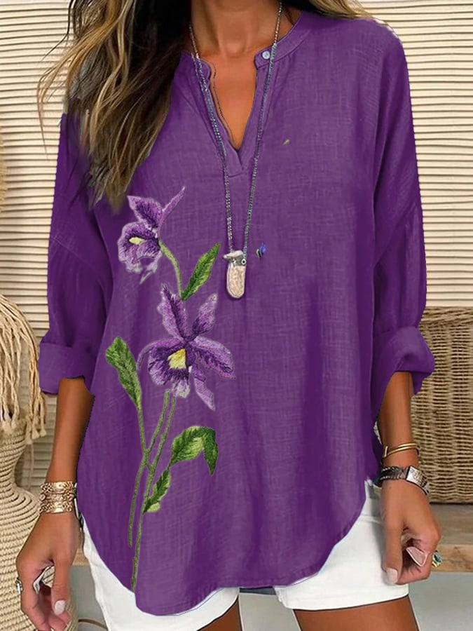 Women's Alzheimer's Floral Print Casual Long Sleeve V-Neck Shirt