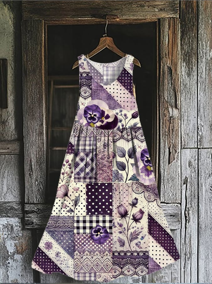 Women's Purple Retro Floral Geometric Mixed Print Irregular Hem Sleeveless Dress