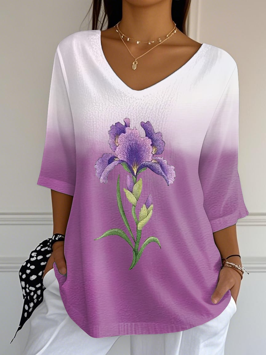 Women's Purple Gradient Flower Embroidery Print Gradient V-Neck Top T-Shirt