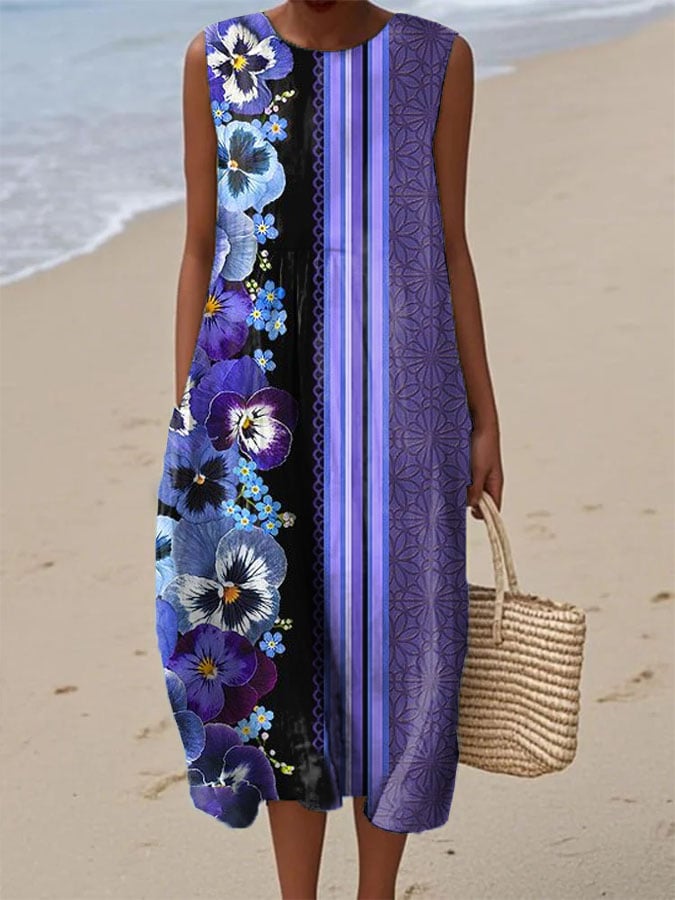 Women's Alzheimer's disease Purple Flowers Print Dress