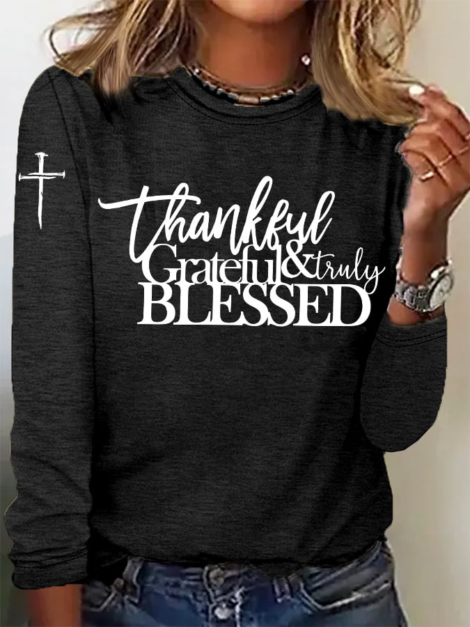 Women's casual retro Grateful Thankful Blessed long-sleeved T-shirt