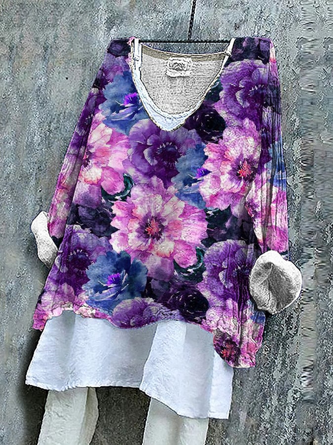 Women's Purple Floral Print Casual Loose Tops
